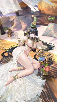 &gt;_&lt; 1girl ancient_egyptian_clothes animal anklet apple armlet barefoot black_cat black_hair blue_eyes bracelet breasts cat character_request closed_mouth crown cup earrings egyptian_art food fruit full_body grapes hair_ornament highres houchi_shoujo jewelry large_breasts leaf leaning_on_self looking_at_viewer lying midriff nail_polish official_art on_bed on_side pale_skin pillow red_nails scarab sideboob smile snake split_mouth swimsuit toenail_polish toenails underboob white_snake