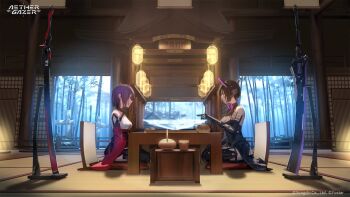 2girls aether_gazer architecture bamboo bamboo_forest black_hair character_request closed_mouth copyright_logo copyright_notice east_asian_architecture forest headgear highres kneeling logo mashima_saki_(mashimasa) multiple_girls nature pillow purple_eyes purple_hair red_sleeves second-party_source shadow sword table tatami weapon