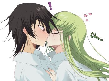 ! 1boy 1girl assertive_female black_hair blush budgiepon c.c. close-up closed_eyes closed_mouth code_geass collared_shirt commentary_request couple eyelashes food food_in_mouth from_side green_hair hair_between_eyes hand_on_another's_chest heart hetero highres kiss lelouch_vi_britannia long_hair nose nose_blush pocky pocky_in_mouth pocky_kiss profile purple_eyes shared_food shirt short_hair sidelocks simple_background sound_effects spiked_hair straight_hair surprised sweat white_background white_shirt wide-eyed