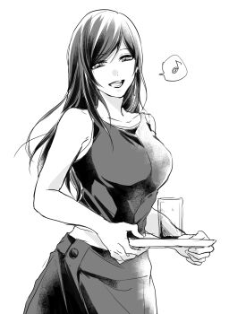 1girl apron bare_shoulders breasts collarbone commentary cowboy_shot crop_top cup earrings final_fantasy final_fantasy_vii final_fantasy_vii_advent_children gogochi55 greyscale highres holding holding_plate jewelry large_breasts long_hair looking_at_viewer monochrome musical_note open_mouth plate simple_background single_earring smile solo spoken_musical_note swept_bangs symbol-only_commentary tifa_lockhart vest waist_apron white_background