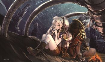 1boy 1girl albaz_(yu-gi-oh!) blonde_hair bone brown_shorts cloak dark-skinned_male dark_skin duel_monster ecclesia_(yu-gi-oh!) facial_mark fallen_of_albaz fire forehead_mark from_behind ku-ba long_hair multicolored_hair night ponytail red_hair shorts sky star_(sky) starry_sky two-tone_hair white_hair yu-gi-oh!