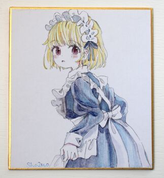 1girl absurdres apron artist_name blonde_hair blue_dress blush dress frilled_apron frills highres juliet_sleeves long_sleeves looking_at_viewer looking_to_the_side maid maid_apron original parted_lips photo_(medium) puffy_sleeves red_eyes sha2mo short_hair signature solo traditional_media white_apron