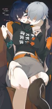 1boy 1girl absurdres belle_(zenless_zone_zero) black_shirt blue_hair brother_and_sister crossed_bangs doli_palta english_text faceless faceless_male grabbing_another&#039;s_thighs green_eyes grey_hair highres incest one_eye_closed shirt siblings wise_(zenless_zone_zero) zenless_zone_zero