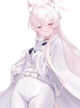 1girl aimo_wotku akira_(blue_archive) animal_ear_fluff animal_ears belt black_choker blue_archive blush bright_pupils buttons cat_ears cat_girl cat_tail choker coat coat_on_shoulders colored_eyelashes commentary cowboy_shot finger_to_mouth gloves hair_between_eyes hair_intakes halo hand_on_own_hip hand_up highres index_finger_raised long_hair long_sleeves looking_at_viewer open_clothes open_coat pants parted_lips phantom_thief pink_hair pink_halo ponytail puffy_long_sleeves puffy_sleeves red_eyes shirt short_ponytail shushing sidelocks simple_background smile solo tail tsurime very_long_hair white_background white_belt white_coat white_eyelashes white_gloves white_pants white_pupils white_shirt white_theme