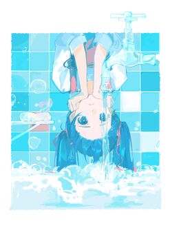 1girl absurdres aqua_eyes aqua_hair closed_mouth commentary_request faucet hair_ribbon hands_on_own_chin hatsune_miku highres irple looking_at_viewer pastel_colors ribbon shabon_(vocaloid) soap_bubbles solo tile_wall tiles twintails upper_body upside-down vocaloid water