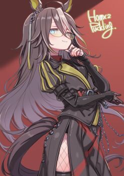 1girl animal_ears artist_name black_dress black_gloves blue_eyes brown_hair commentary_request dream_journey_(umamusume) dress fishnet_pantyhose fishnets glasses gloves grey_hair hand_up highres horse_ears horse_girl horse_tail juliet_sleeves long_hair long_sleeves looking_at_viewer multicolored_hair paid_reward_available pantyhose parted_lips partial_commentary puddinghomhom puffy_sleeves red_background red_nails solo streaked_hair tail two-tone_hair umamusume