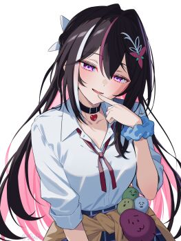 1girl :d alternate_costume asymmetrical_sidelocks azki_(hololive) black_collar black_hair blue_skirt cardigan cardigan_around_waist clothes_around_waist collar collared_shirt colored_inner_hair commentary_request double-parted_bangs hair_intakes hand_up highres hololive long_hair looking_at_viewer mole mole_under_eye multicolored_hair open_mouth pendant_collar pink_hair purple_eyes school_uniform scrunchie shirt shirt_tucked_in sidelocks simple_background skirt smile solo streaked_hair upper_body very_long_hair virtual_youtuber white_background white_hair white_shirt wrist_scrunchie yellow_cardigan you06