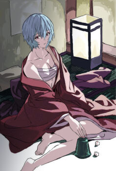 1girl ayanami_rei barefoot blue_hair chest_sarashi closed_mouth feet highres indoors japanese_clothes kimono lantern looking_at_viewer neon_genesis_evangelion nobita_(makoto7060355) pink_nails red_eyes red_kimono sarashi short_hair sitting solo toes yokozuwari