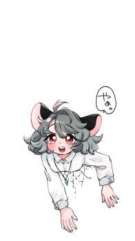 1girl ahoge animal_ears breasts crack cracked_wall grey_hair highres immobilization jewelry kakigoori_(xm3lz) long_sleeves looking_at_viewer mouse_ears nazrin necklace open_mouth red_eyes shirt simple_background small_breasts solo stuck teeth through_wall touhou upper_teeth_only white_background white_shirt