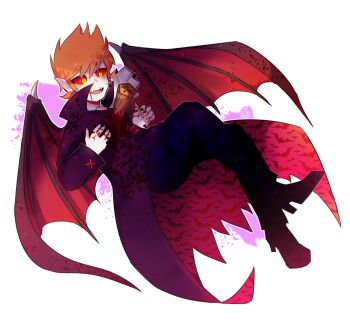 1boy animification ascot bat_(animal) bat_wings black_coat blood coat colored_sclera colored_skin commentary eddsworld english_commentary fangs full_body grey_skin making-of_available male_focus matt_(eddsworld) molechan open_mouth orange_hair outline pointy_ears red_sclera short_hair simple_background smile solo stake transparent_background vampire white_ascot white_outline wings yellow_eyes
