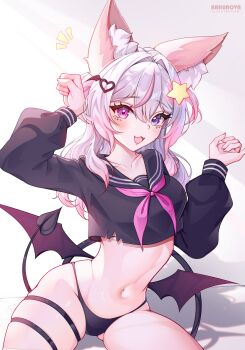 1girl absurdres animal_ear_fluff animal_ears annytf arhunova bare_hips black_sailor_collar breasts commentary_request curvy demon_tail demon_wings fox_ears fox_girl grey_hair hair_ornament heart heterochromia highres indie_virtual_youtuber long_hair long_sleeves navel open_mouth pink_eyes pink_hair purple_eyes sailor_collar shadow smile star_(symbol) star_hair_ornament tail thick_thighs thigh_strap thighs virtual_youtuber white_background wings