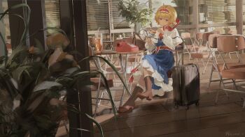 1girl alice_margatroid blonde_hair blue_eyes boots capelet chair cup hairband highres holding holding_cup knee_boots plant red_hairband shijiu_(shizuoxing) short_hair sitting smile solo suitcase touhou white_capelet