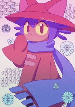 1other :3 androgynous animal_hat arm_at_side brown_coat brown_eyes brown_hat cat_hat child closed_mouth coat colored_sclera cowboy_shot dot_nose flower from_side hand_on_own_chin hat highres ja6m6 long_sleeves looking_at_viewer medium_hair niko_(oneshot) oneshot_(game) other_focus purple_hair purple_scarf scarf sleeves_past_fingers sleeves_past_wrists solo twitter_username yellow_sclera