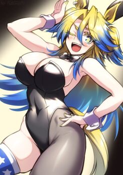 +_+ 1girl animal_ears black_bow black_bowtie black_leotard black_pantyhose blonde_hair blue_eyes blue_hair bow bowtie character_request covered_navel gradient_hair highleg highleg_leotard highres horse_ears horse_tail leotard multicolored_hair one_eye_closed open_mouth pantyhose pataneet single_leg_pantyhose single_thighhighs smile solo star_(symbol) star_print tail teeth umamusume upper_teeth_only