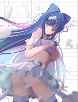 1girl absurdres ass blue_hair blunt_bangs bow breasts butt_crack cleavage cleavage_cutout clothing_cutout colored_inner_hair commentary english_commentary from_behind green_eyes grid_background hair_bow hair_ornament heart heart_hair_ornament highres large_breasts long_hair looking_back maika_mo_yuru midriff multicolored_hair navel over-kneehighs panty_&amp;_stocking_with_garterbelt pantyhose pink_hair solo stocking_(psg) striped_clothes striped_thighhighs thighhighs two-tone_hair white_background