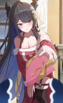 1girl absurdres black_hair black_horns black_thighhighs blue_hair breasts cleavage closed_mouth collarbone colored_inner_hair commentary dress english_commentary fur-trimmed_dress fur-trimmed_sleeves fur_trim gift hair_ornament highres holding holding_gift hololive hololive_english horns long_hair mole mole_under_eye multicolored_hair nerissa_ravencroft red_dress red_eyes red_sleeves santa_costume santa_dress satoti_chang smile tassel tassel_hair_ornament thighhighs virtual_youtuber