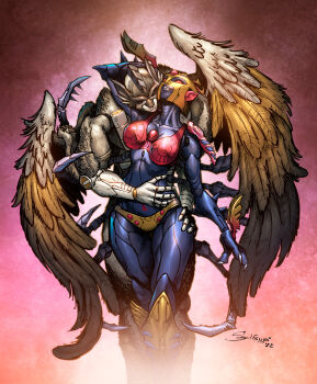 1boy 1girl 2022 absurdres arthropod_girl arthropod_limbs artist_name beast_wars bird_wings blackarachnia breasts closed_eyes colored_skin commentary couple curvy dated english_commentary extra_arms extra_legs fewer_digits hand_on_another&#039;s_thigh heads_together hetero highres insect_girl jetstormsifuentes lips maximal mecha medium_breasts multiple_legs muscular muscular_male no_humans predacon robot robot_sex science_fiction signature silverbolt_(beast_wars) smile spider_girl taur teeth transformers wings