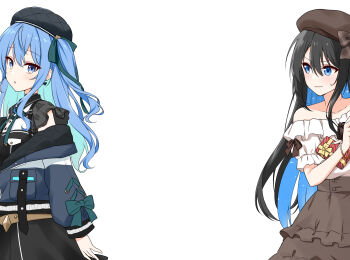 2girls bellezza_felutia beret black_hair blue_eyes blue_hair blush brown_skirt colored_inner_hair commentary_request cowboy_shot felutiahime flat_chest gift hat highres holding holding_gift hololive hoshimachi_suisei layered_skirt long_hair looking_at_another looking_at_viewer multicolored_hair multiple_girls off-shoulder_shirt off_shoulder original parted_lips shirt side_ponytail simple_background skirt sleeveless sleeveless_shirt virtual_youtuber wavy_mouth white_background