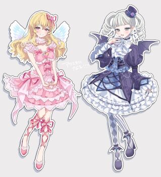 2girls absurdres aikatsu!_(series) angel_wings argyle_clothes argyle_pantyhose asymmetrical_legwear blonde_hair bow bowtie collar demon_wings dress drop_shadow earrings fake_wings frilled_dress frilled_sleeves frills full_body green_eyes grey_background grey_hair guri_(ak1002s) hair_ribbon hat high_heels highres hoshimiya_ichigo jewelry juliet_sleeves leg_ribbon long_hair long_sleeves looking_at_viewer mismatched_legwear multiple_girls outline own_hands_together pantyhose pink_dress pink_eyes pink_ribbon pink_shoes puffy_sleeves purple_dress purple_shoes ribbon ringlets shoes simple_background skirt smile strappy_heels striped_clothes striped_pantyhose tilted_headwear todo_yurika top_hat twintails vertical-striped_clothes vertical-striped_pantyhose white_bow white_bowtie white_skirt wings