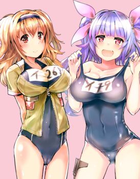 10s 2girls :d arms_behind_back blue_hair blue_one-piece_swimsuit blunt_bangs blush breasts brown_eyes bursting_breasts cameltoe cardigan cleavage closed_mouth collarbone covered_navel cowboy_shot fang hair_between_eyes hair_intakes hair_ornament hair_ribbon hairband hands_up heart heart-shaped_pupils i-19_(kancolle) i-26_(kancolle) kantai_collection large_breasts legs_apart legs_together lifting_own_clothes light_brown_hair light_smile long_hair looking_at_viewer low-tied_long_hair multiple_girls name_tag new_school_swimsuit old_school_swimsuit one-piece_swimsuit open_cardigan open_clothes open_mouth p_answer pink_background pink_ribbon red_eyes ribbon sailor_collar school_swimsuit short_sleeves simple_background single_vertical_stripe sketch smile standing strap_lift swimsuit swimsuit_under_clothes symbol-shaped_pupils tri_tails twintails two-tone_hairband two_side_up unzipped zipper