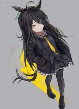 Rule 34 | 1girl, ahoge, animal ears, black coat, black hair, black pantyhose, black shirt, black skirt, breasts, closed mouth, coat, collared shirt, ear tag, earrings, hair between eyes, hands in pockets, horse ears, horse girl, horse tail, jewelry, long bangs, long hair, long hair between eyes, long sleeves, looking at viewer, manhattan cafe (creeping black) (umamusume), manhattan cafe (umamusume), multicolored hair, necktie, pantyhose, shirt, single earring, skirt, small breasts, solo, tail, umamusume, white hair, yanagi wakana, yellow eyes, yellow necktie