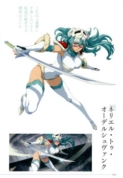 Rule 34 | 1girl, absurdres, armor, arrancar, bleach, bleach: brave souls, bleach: sennen kessen-hen, breasts, brown eyes, curvy, elbow gloves, facial mark, full body, gloves, green eyes, green hair, hair ornament, helmet, highres, holding, holding sword, holding weapon, jumping, large breasts, leotard, long hair, looking at viewer, navel, nelliel tu odelschwanck, official art, parted lips, pauldrons, revealing clothes, scan, shoulder armor, simple background, skull hair ornament, sword, translation request, weapon, white background, white leotard, wide hips