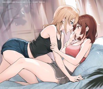 1991_(blz) 2girls ahoge bare_arms bare_shoulders bed_sheet black_camisole blonde_hair blue_eyes blue_shorts blush breasts brown_eyes brown_hair camisole commentary_request copyright_request dolphin_shorts eye_contact from_side girl_on_top grey_shorts hair_between_eyes hand_on_another's_face looking_at_another lying medium_breasts multiple_girls on_back parted_lips pillow profile short_shorts shorts
