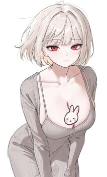 1girl absurdres breasts cleavage closed_mouth collarbone dongtan_dress dress expressionless grey_jacket highres jacket large_breasts leaning_forward long_sleeves looking_at_viewer mumu_muw original red_eyes ribbed_dress ribbed_sleeves short_hair simple_background sleeveless sleeveless_dress solo spaghetti_strap white_background white_hair