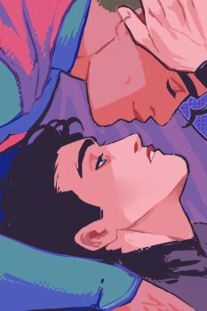 2boys absurdres angelgemy batman batman_(series) black_hair blue_eyes bruce_wayne cape clark_kent commentary dc_comics english_commentary face-to-face from_side hand_on_another's_face highres imminent_kiss long_sleeves male_focus multiple_boys parted_lips profile red_cape short_hair sideburns smile superhero_costume superman superman_(series) teeth thick_eyebrows yaoi