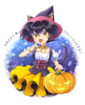 1boy animal_ears black_hair cat_ears cat_tail chigayasan collarbone commentary_request crossdressing crossdressing_(mtf) dress fang hair_between_eyes happy_halloween hat ikusabe_wataru jack-o&#039;-lantern kemonomimi_mode looking_at_viewer male_focus mashin_eiyuuden_wataru neck_ribbon open_mouth orange_ribbon puffy_short_sleeves puffy_sleeves ribbon short_hair short_sleeves slit_pupils star_(symbol) tail trap witch_hat