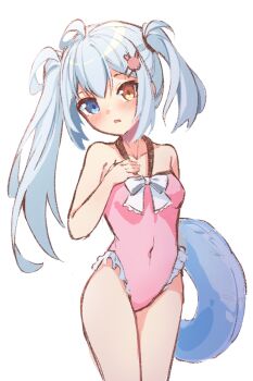 1girl ahoge bare_shoulders blue_eyes blue_hair blush bow bow_swimsuit breasts covered_navel embarrassed feet_out_of_frame hair_ornament hair_tie hand_on_own_chest head_tilt heterochromia highres indie_virtual_youtuber looking_at_viewer one-piece_swimsuit open_mouth orange_eyes pahichannel pink_one-piece_swimsuit pool_float rabbit_hair_ornament short_hair small_breasts solo standing swimsuit twintails uneven_twintails virtual_youtuber white_background white_bow yokura_(yukilina)