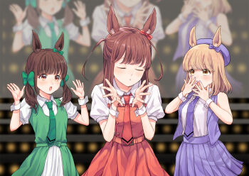 3girls :o animal_ear_fluff animal_ears belt beret blonde_hair blowing_kiss blush bow brown_hair center_frills closed_eyes collared_shirt commentary_request concert covering_own_mouth dress ear_bow frilled_dress frilled_shirt frills green_bow green_dress green_necktie hair_bow half_updo hands_up hat highres horse_ears horse_girl ichii_maina idol idol_clothes jacket kemonomimi_mode mizumori_yumeri multiple_girls necktie open_clothes open_jacket oshi_ga_budoukan_itte_kuretara_shinu parody parted_lips pinafore_dress pleated_skirt puffy_short_sleeves puffy_sleeves purple_hat purple_jacket purple_nails purple_necktie purple_skirt red_bow red_dress red_necktie s_c_k screen shirt shirt_tucked_in short_sleeves skirt sleeveless sleeveless_dress sleeveless_jacket sleeveless_shirt stage stairs surprised twintails two_side_up umamusume umapyoi_densetsu upper_body white_shirt white_wrist_cuffs wing_collar wrist_cuffs yellow_eyes yokota_aya