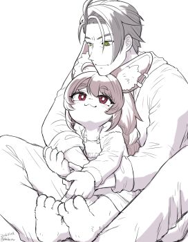 1boy 1girl ahoge amida_murasaki animal_ear_fluff animal_ear_piercing animal_ears braid closed_mouth commentary_request damian_blackwood furry furry_female green_eyes highres holding hug hug_from_behind jacket long_hair rabbit_ears rabbit_girl red_eyes shirt short_eyebrows thick_eyebrows twin_braids white_background zenless_zone_zero zhao_(zenless_zone_zero)