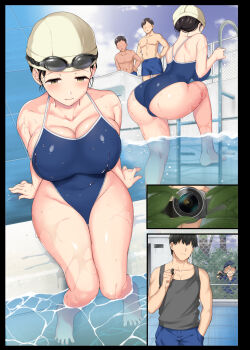 1girl aomizuan ass bare_arms bare_legs barefoot black_hair blue_one-piece_swimsuit blush breast_suppress breasts bulge camera cleavage closed_mouth cloud covered_navel embarrassed erection erection_under_clothes feet goggles groin half-closed_eyes hand_in_pocket highres huge_breasts incha_bishoujo_wa,_tannin_ni_okasarete_mo_ikimakuru katsurai_yoshiaki legs long_hair no_eyes one-piece_swimsuit original outdoors pervert pool public_indecency sequential sitting sky standing swim_cap swimsuit thighs toes voyeurism water wet yellow_eyes