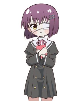 1girl blush_stickers book closed_mouth commentary_request cowboy_shot dress ef_(visual_novel) eyepatch grey_dress hair_ornament hairclip highres holding holding_book juliet_sleeves long_sleeves looking_at_viewer medical_eyepatch numamomi puffy_sleeves purple_hair red_ribbon ribbon school_uniform shindou_chihiro short_hair simple_background smile solo standing white_background yellow_eyes