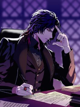 1boy black_jacket black_nails blue_hair blurry blurry_background book book_stack commentary_request desk finger_to_face gem grey_shirt highres holding holding_pen jacket jewelry kamen_rider kamen_rider_gavv_(series) lango_stomach leather leather_jacket male_focus medium_hair multicolored_hair multicolored_nails multiple_rings paper paper_stack pen profile purple_hair purple_vest red_eyes red_gem red_hair red_nails ring shirt sitting solo twitter_username umihanaichige upper_body vest