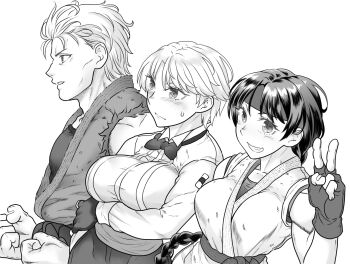 2girls braid breasts curvy dougi female_focus formal_clothes gloves hairband huge_breasts karate_gi king_(snk) large_breasts looking_at_viewer multiple_girls pants sakazaki_ryo short_hair smile smiley_face suit the_king_of_fighters thick_thighs thighs tuxedo v vvv_slider wide_hips yuri_sakazaki