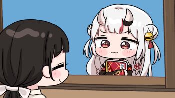 2girls bell black_hair black_kimono blue_sky chibi day double_bun grey_hair hair_bell hair_bun hair_ornament hair_ribbon highres hololive horns hugging_object japanese_clothes jingle_bell kimono long_sleeves low_ponytail miko mochimiko multicolored_hair multiple_girls nakiri_ayame nakiri_ayame_(1st_costume) off_shoulder oni outdoors ponytail red_eyes red_hair ribbon sky streaked_hair two_side_up upper_body virtual_youtuber white_kimono white_ribbon wide_sleeves