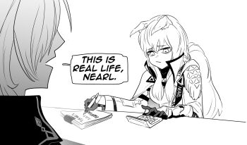 1boy 1girl absurdres animal_ear_fluff animal_ears arknights black_gloves calculator closed_mouth depressed english_text gloves highres holding holding_pen implied_extra_ears long_hair long_sleeves mlynar_(arknights) monochrome nearl_(arknights) nearl_the_radiant_knight_(arknights) octodeco open_mouth paper_stack pen speech_bubble uncle_and_niece upper_body