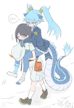 2girls animal_ears ankle_wrap black_boots black_hair blue_eyes blue_gloves blue_hair blue_jacket blue_pantyhose blue_shirt blue_skirt boots captain_(kemono_friends) carrying collared_shirt commentary_request dragon_ears dragon_girl dragon_horns dragon_tail extra_ears frilled_skirt frilled_sleeves frills gloves green_shirt grey_shirt grey_shorts hair_between_eyes horns isso_kanda jacket kemono_friends kemono_friends_3 long_hair long_sleeves multiple_girls necktie pantyhose piggyback pleated_skirt safari_jacket seiryuu_(kemono_friends) shirt short_hair shorts sidelocks simple_background skirt socks spoken_blush tail twintails two-tone_shirt white_gloves white_necktie white_socks