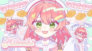 Rule 34 | 1girl, :3, :d, ahoge, blush stickers, character name, chibi, commentary request, food, green eyes, hands up, hat, highres, hololive, jacket, long hair, long sleeves, looking at viewer, notamaru 2, open mouth, outline, pink hair, pink jacket, portrait, sakura miko, sleeves past fingers, sleeves past wrists, smile, taiyaki, translation request, virtual youtuber, wagashi, white hat, white outline