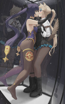 2girls absurdres animal_ears ass black_gloves black_leotard black_pantyhose black_shoes breast_press breasts brown_hair cat_ears cat_girl cat_tail clenched_hands commentary dolri earrings facial_mark frilled_leotard frills genshin_impact gloves highres jewelry kiss leotard lynette_(genshin_impact) medium_breasts mona_(genshin_impact) multiple_girls pantyhose ponytail puffing_up purple_eyes purple_hair purple_leotard shoes shrug_(clothing) star_(symbol) star_earrings star_facial_mark strapless strapless_leotard symmetrical_docking tail twintails underwater white_shrug yuri