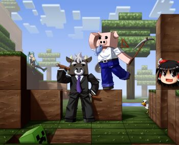 2girls apple black_hair black_jacket black_pants black_shoes block_(minecraft) blue_hair blue_pants blue_sky bow chicken_(minecraft) cloud commentary_request cow_(minecraft) creeper crossover day fish_in_mouth fishing_rod food formal_clothes fruit full_body golden_apple hair_bow hakurei_reimu hatsune_miku highres holding holding_fishing_rod holding_pickaxe jacket kumatyu looking_at_viewer minecraft minecraft_(style) multiple_crossover multiple_girls necktie open_mouth outdoors pants pickaxe pig_(minecraft) purple_necktie red_bow shirt shoes short_hair shovel sky smile standing suit touhou tree twintails vocaloid white_shirt yukkuri_shiteitte_ne