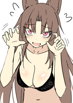 1girl alternate_costume animal_ears bikini black_bikini blush breasts brown_hair claw_pose commentary_request e.o. flying_sweatdrops highres imaizumi_kagerou large_breasts long_hair looking_at_viewer open_mouth pink_eyes smile solo swimsuit touhou upper_body wolf_ears wolf_girl