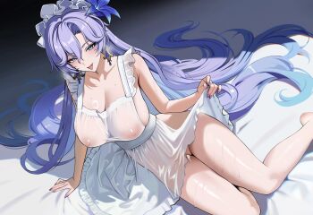 1girl :p apron arm_support ateoyh blue_eyes blue_flower breasts cantarella_(wuthering_waves) cleft_of_venus collarbone commentary cum cum_in_pussy earrings fingernails flower hair_between_eyes hair_flower hair_ornament headdress highres jewelry large_breasts long_hair looking_at_viewer mature_female mole mole_under_eye nail_polish naked_apron nipples purple_hair purple_nails pussy see-through_apron see-through_clothes solo tongue tongue_out uncensored very_long_hair wuthering_waves