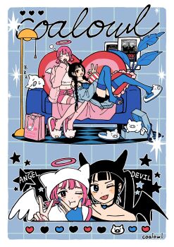 Rule 34 | 2girls, angel, angel and devil, angel wings, artist name, bag, bare shoulders, black hair, black shorts, black wings, blue background, blue bra, blue nails, blue socks, blush, border, box, bra, cardigan, checkered floor, choker, closed eyes, closed mouth, coalowl, collarbone, commentary, couch, demon, english text, face squeeze, fang, fang out, fingerless gloves, fingernails, food, full body, gloves, halo, heart, heart choker, highres, lamp, leaning on person, long hair, long legs, long sleeves, looking at viewer, low twintails, lying, movie poster, multiple girls, multiple views, nail polish, navel, off shoulder, on back, one eye closed, open mouth, original, pig, pink hair, pink nails, pink shorts, pink socks, plant, polka dot, popcorn, poster (object), shoe box, shoes, shopping bag, short twintails, shorts, single shoe, sleepy, slippers, socks, sparkle, squeans, tank top, thighhighs, toeless socks, toes, tongue, tongue out, traditional halo, twintails, underwear, upper body, v, white border, white tank top, white wings, wings, yawning, zzz