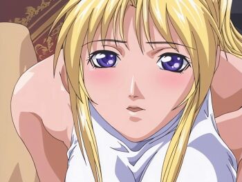 00s 2001 animated animated_gif bible_black bible_black_night_of_the_walpulgiss blonde_hair blush breasts high_ponytail large_breasts nodding ponytail purple_eyes saeki_kaori sleeveless tagme