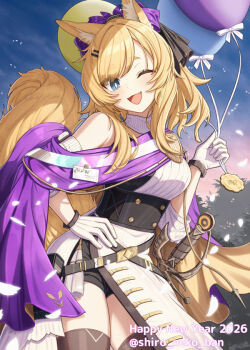 1girl 2026 ;d arknights artist_name balloon black_shorts blonde_hair blue_sky blush bow bright_pupils brown_thighhighs chinese_zodiac commentary_request contrapposto corset cowboy_shot day disembodied_hand dress fang gloves hair_bow hair_ornament hairclip happy_new_year holding holding_balloon id_card light_particles long_hair looking_at_viewer medal new_year official_alternate_costume one_eye_closed open_mouth outdoors pelvic_curtain ponytail purple_bow ribbon sash shironekoban shorts shorts_under_dress single_bare_shoulder sky smile solo swept_bangs sword tassel thick_eyebrows thighhighs twitter_username weapon whislash_(arknights) whislash_(glory_purple)_(arknights) white_dress white_gloves white_ribbon year_of_the_horse