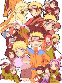 Rule 34 | aged down, armor, ball, black hairband, black headband, bouquet, character request, closed eyes, commentary request, facial mark, flak jacket, flower, forehead protector, gaara (naruto), grey hair, grin, hair flower, hair ornament, hairband, happy birthday, haruno sakura, hatake kakashi, headband, headpiece, holding, holding ball, holding hands, husband and wife, jacket, japanese armor, jiraiya (naruto), konan (naruto), konohagakure shinobi uniform, konohagakure symbol, kurama (naruto), long hair, mask, mature male, mouth mask, multiple persona, mutsuki (mutuki05), nagato (naruto), namikaze minato, naruto: road to ninja, naruto (classic), naruto (series), naruto shippuuden, orange jacket, orange pants, pants, ponytail, red eyes, red hair, sarutobi hiruzen, senju hashirama, senju tobirama, sennin mode, sharp teeth, short hair, six paths sage mode, smile, teeth, uchiha sasuke, uzumaki kushina, uzumaki menma, uzumaki naruto, whisker markings, yamato (naruto)
