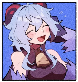 1girl ahoge bare_shoulders bell black_bodysuit blue_hair blush bodysuit breasts closed_eyes cowbell detached_sleeves ganyu_(genshin_impact) genshin_impact hand_up horns laughing long_hair medium_breasts neck_bell nploser open_mouth sidelocks smile solo very_long_hair